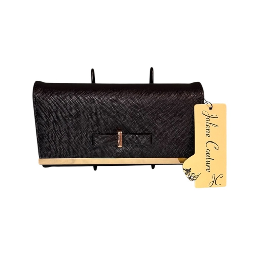 Jolene Couture Black Saffiano Faux Leather Wallet Gold Bar Bow Accent NWT Gift